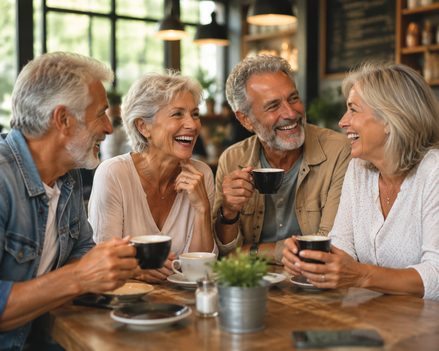 Grupo de pessoas a conversar e a rir num café